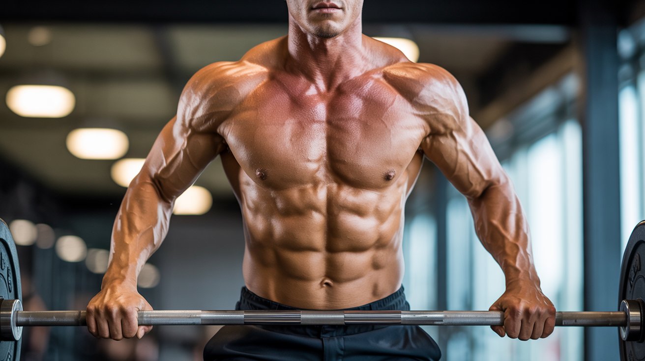 A muscular person is lifting a barbell in a gym, highlighting their toned physique and determination. The gym setting is bright with large windows.