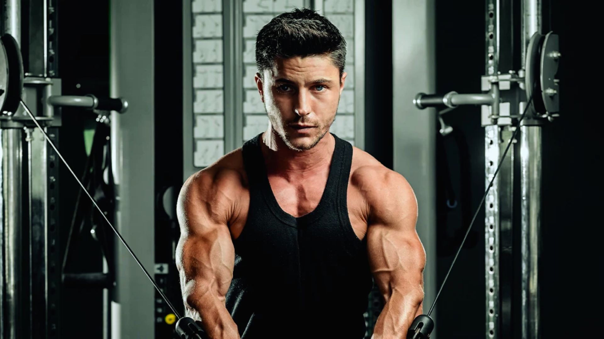 A muscular man in a black tank top is intensely focused while using a cable machine in a gym, emphasizing strength and determination.