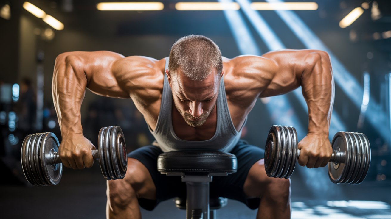 A muscular man in a sleeveless shirt performs a bent-over dumbbell row on a bench in a gym. He is focused, with bright lights illuminating the background.