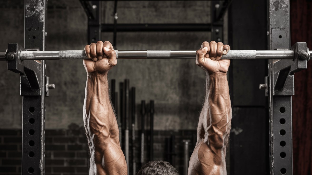 Close-up of muscular arms gripping a pull-up bar in a gym setting. The focus is on the strength and tension, conveying a sense of determination.