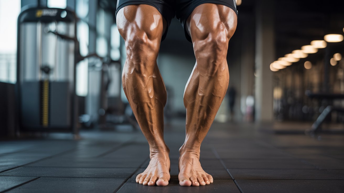 Muscular legs and bare feet stand on a gym floor. The gym is dimly lit, with exercise equipment in the background, conveying strength and focus.