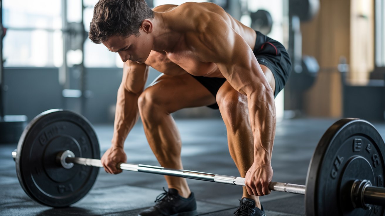 A muscular man in a gym setting, wearing black shorts, intently prepares to lift a heavy barbell. Sunlight streams in, highlighting his focused expression.