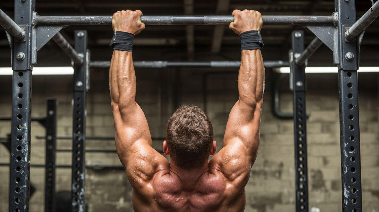 Man doing pull-ups in a gritty gym, showcasing muscular back and arms. Industrial background, intense focus on strength and fitness.