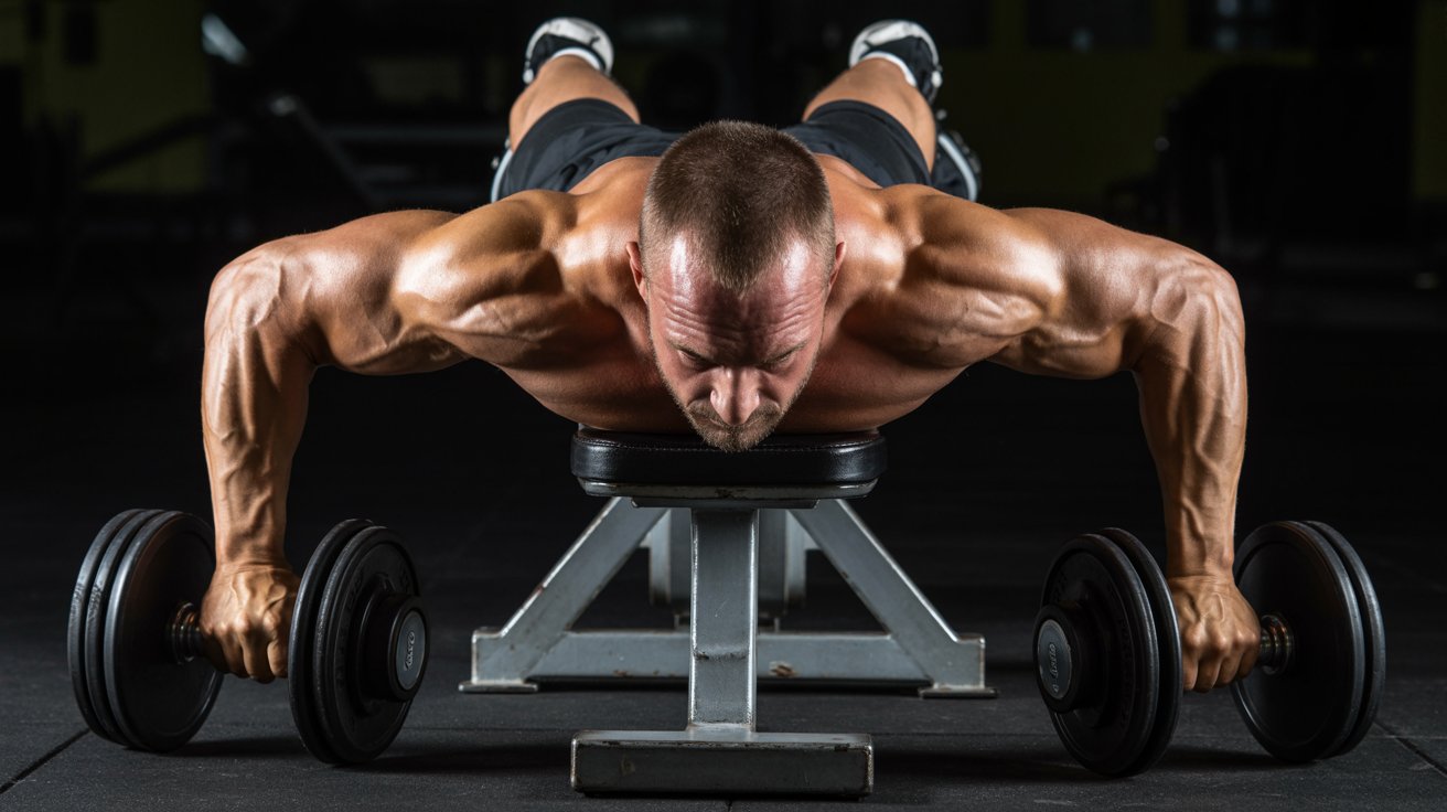 A muscular man performs a chest fly exercise on a bench with dumbbells in a dimly lit gym, showcasing strength and focus.