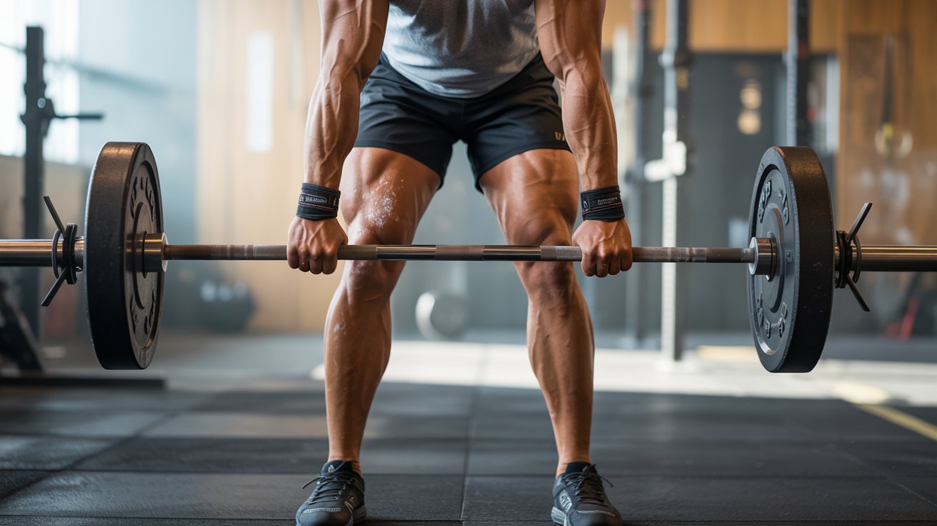 A person in a gym is lifting a barbell loaded with heavy weights. The focus is on muscular arms and legs, conveying strength and determination.
