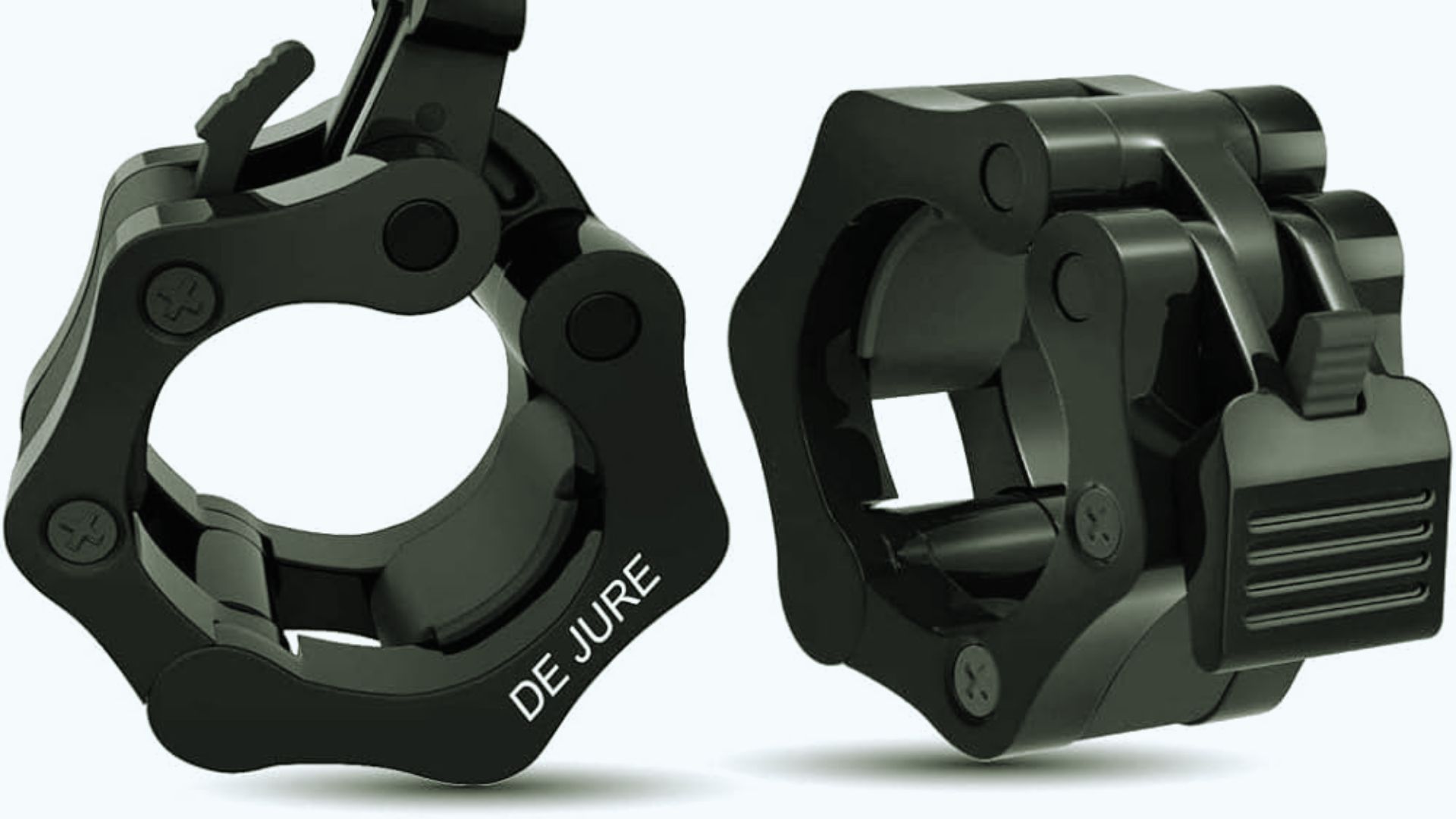 Close-up of two black aluminum barbell clamps with a sleek design, featuring a lever and textured grip. One is open, showcasing the inner mechanism.