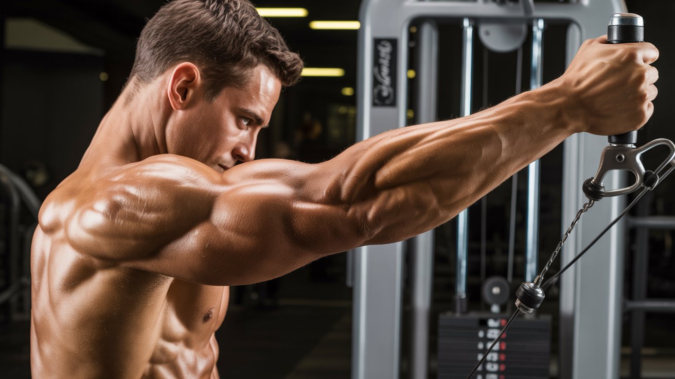 Muscular man exercising on a cable machine in a gym, displaying focused intensity. The lighting highlights his defined arm and back muscles.