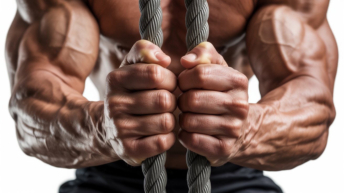 A muscular person grips thick ropes firmly, showcasing strength and determination. The close-up highlights their well-defined arms and hands.
