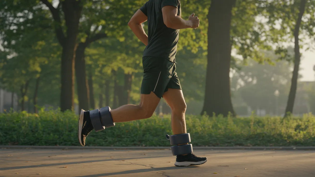 A person jogs in a sunlit park wearing ankle weights, surrounded by tall trees and greenery. The setting conveys a peaceful, focused exercise mood.