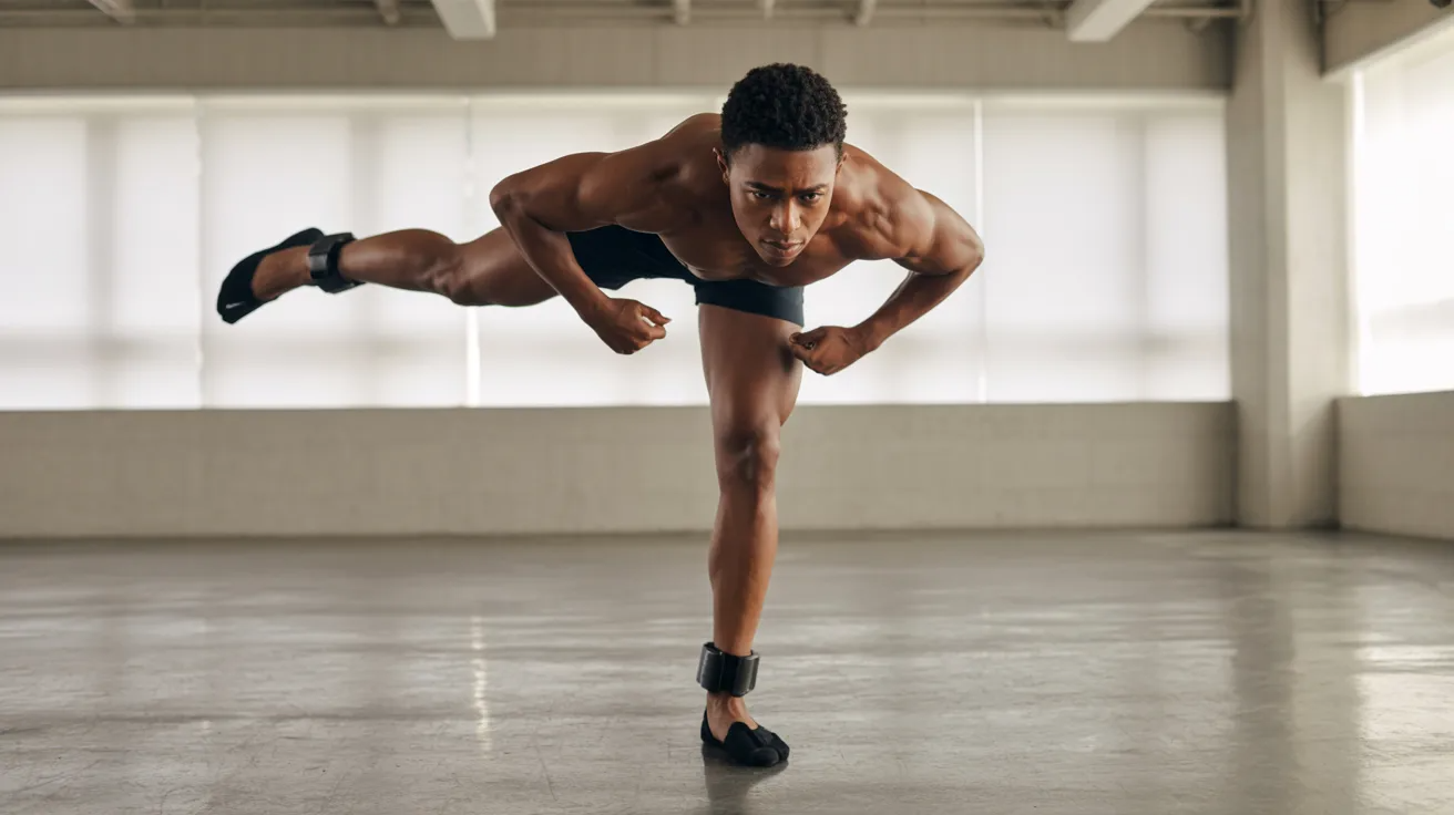 A man balances on one leg in a bright, airy room, focusing intensely. He wears ankle weights and workout attire, conveying strength and concentration.
