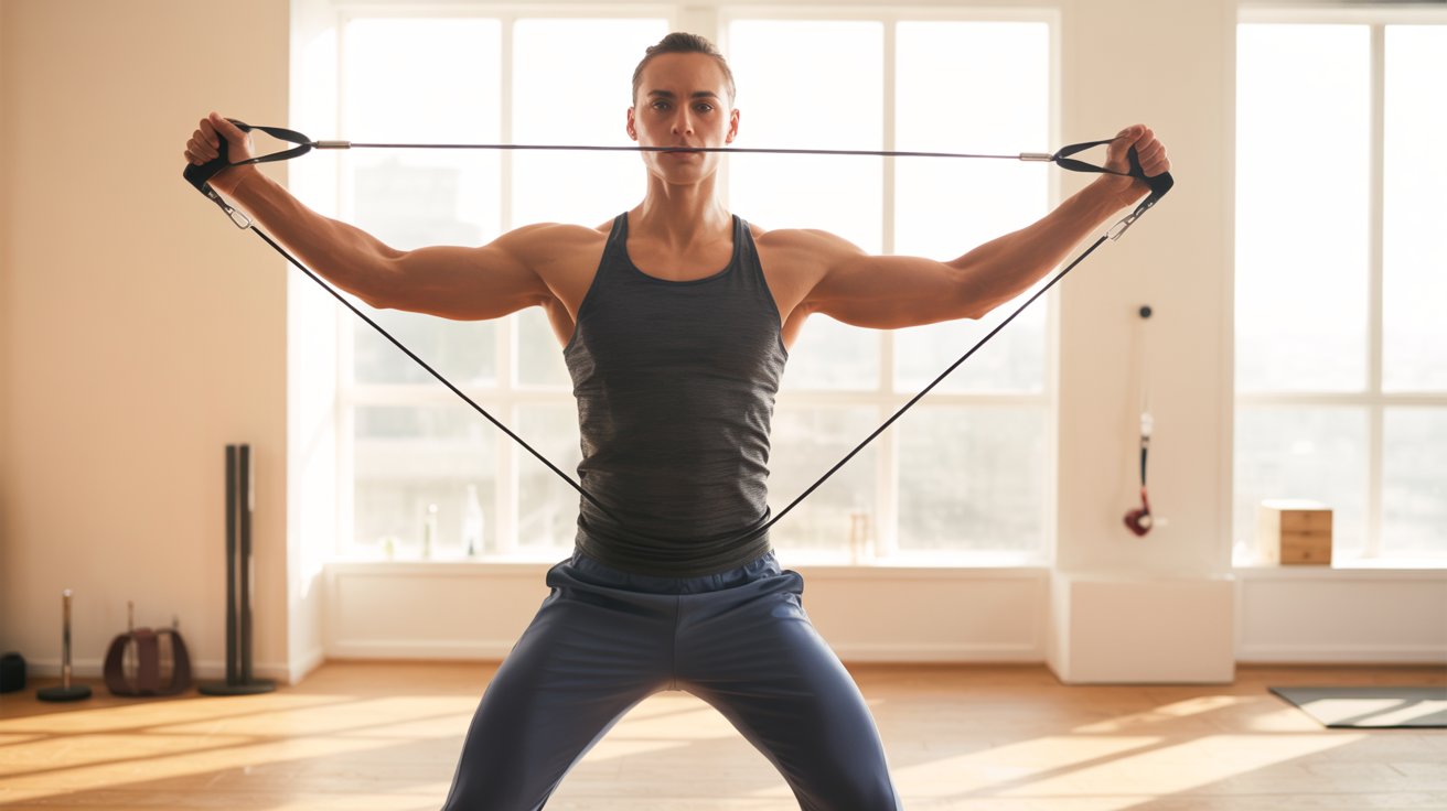 A person in a workout top and pants performs a resistance band exercise in a bright gym, showcasing strength and focus. Large windows illuminate the space.