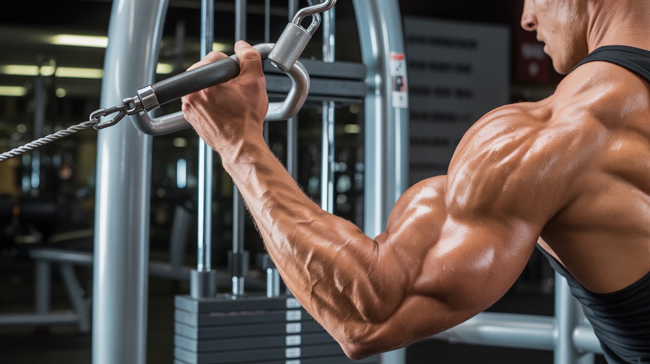 A man flexes his muscular arm while using a cable machine in a gym, highlighting strength and dedication. The background shows gym equipment in soft focus.