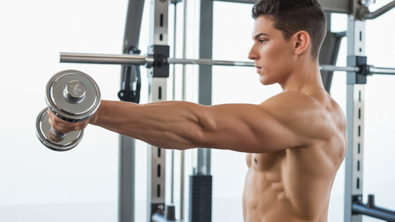 A muscular man performs a front dumbbell raise in a gym, displaying focus and determination. The setting includes gym equipment, conveying strength and fitness.