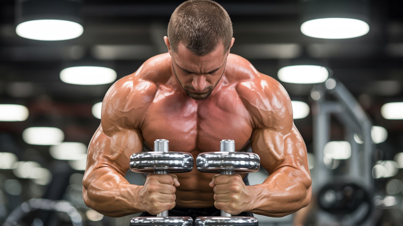 Muscular man intensely lifting dumbbells in a gym. The background is blurred, emphasizing his focus and determination in strength training.