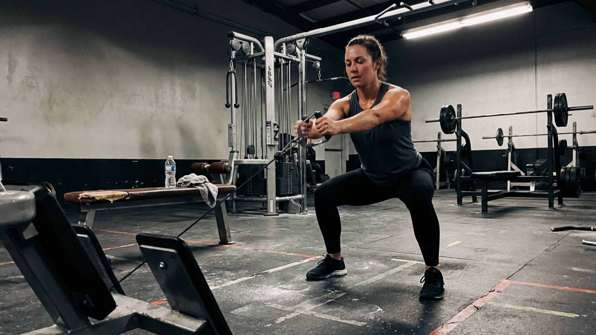 A woman intensely focuses on using a cable machine in a dimly lit gym. She wears athletic clothing, surrounded by various gym equipment, conveying dedication.
