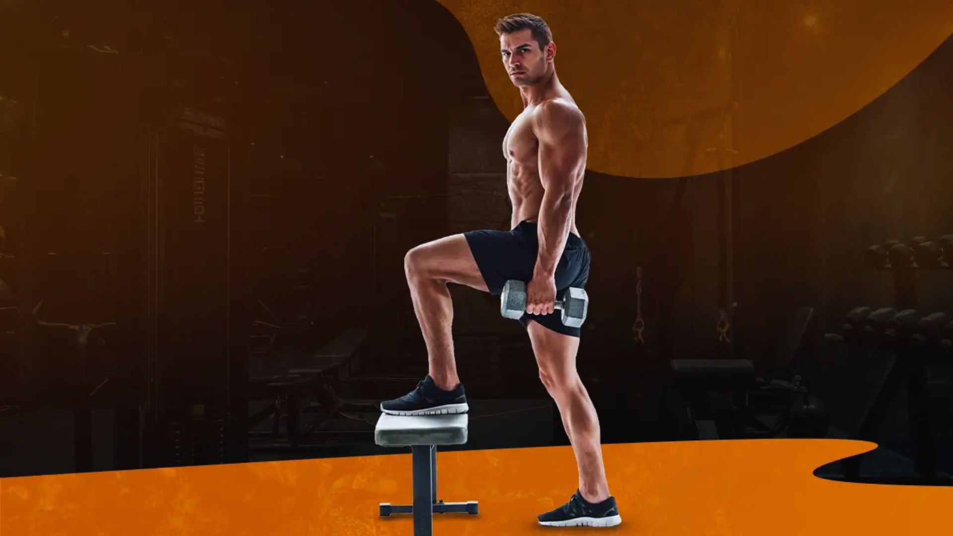 A muscular man in gym shorts performs a step-up exercise with dumbbells in hand, set against a dark gym background with an orange overlay.