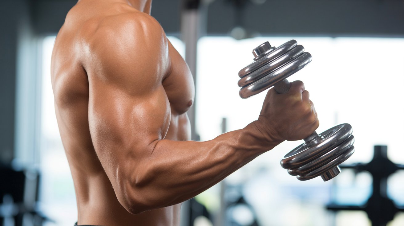 A muscular person in a gym lifts a shiny dumbbell, showcasing a strong arm. The background is blurred, emphasizing focus on strength and fitness.
