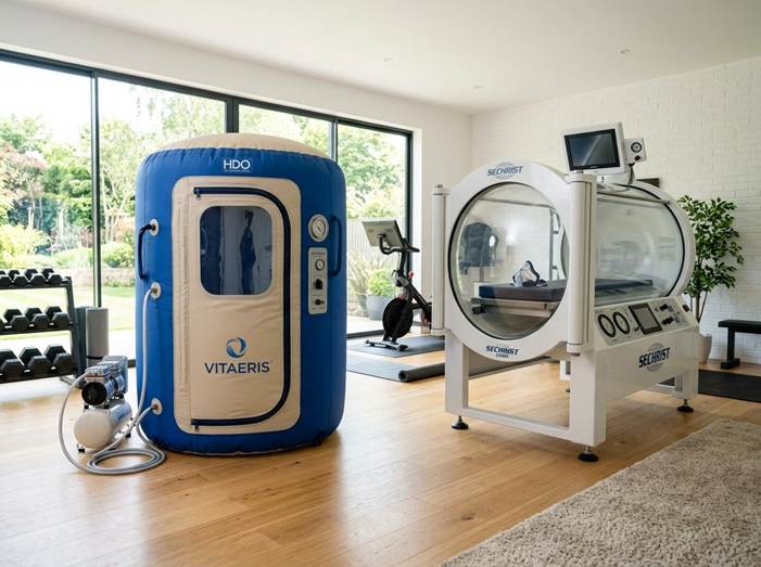 Hyperbaric oxygen chambers in a modern home gym, with fitness equipment and natural light from large windows
