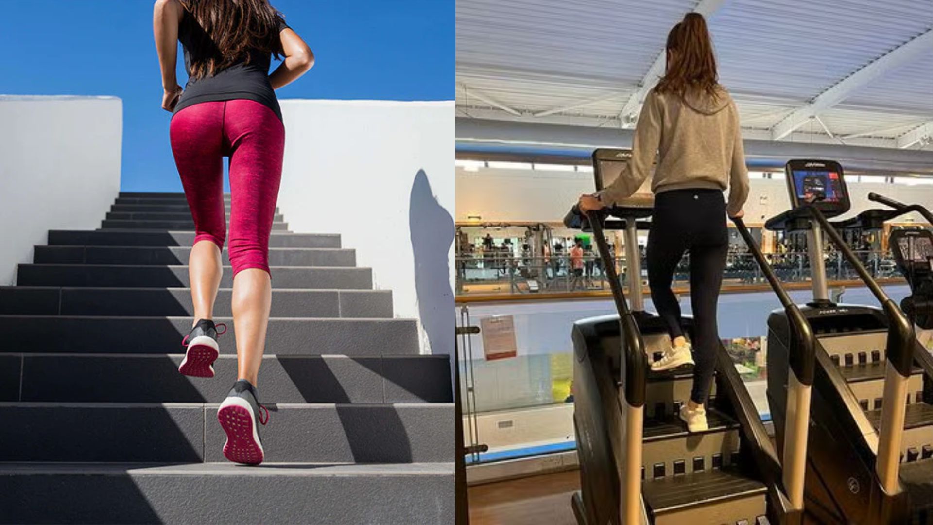 A woman exercises on a treadmill, while another woman uses a stair machine in a gym setting.