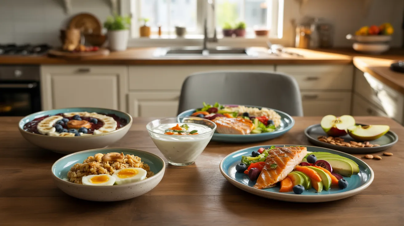 A cozy kitchen table displays a variety of healthy meals: yogurt, salmon, oats, sliced apples, and nuts, creating an inviting and nutritious atmosphere.