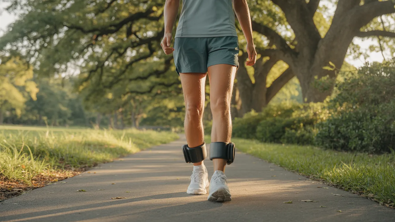 A person wearing ankle weights walks along a sunlit path in a park, surrounded by lush greenery and large trees. The scene conveys a sense of calm and focus.