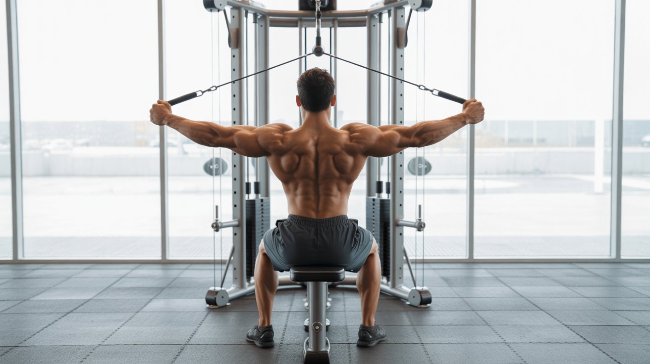 A muscular man sits on a bench in a gym, using a cable machine to perform a rear delt fly. The setting is bright, with large windows in the background.