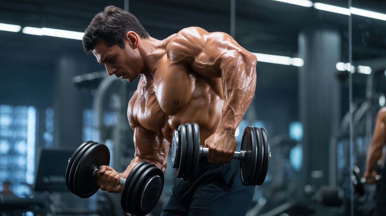 A muscular man in a gym performs a bent-over dumbbell row, showcasing strength and focus. The gym setting is dimly lit, emphasizing his defined physique.