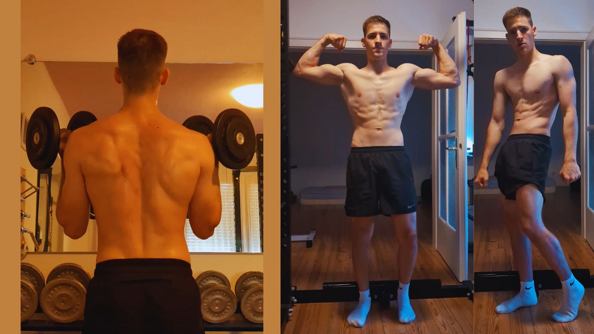 Three-panel image showing a person in a gym setting. Left: back view lifting weights; center and right: front view flexing muscles, wearing shorts, confident expression.