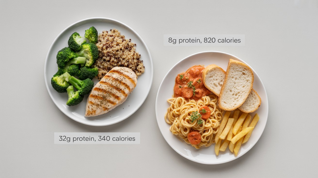 Two plates of food are shown, one with grilled chicken, broccoli, and quinoa, labeled 32g protein, 340 calories, the other with pasta, bread, and fries, labeled 8g protein, 820 calories.