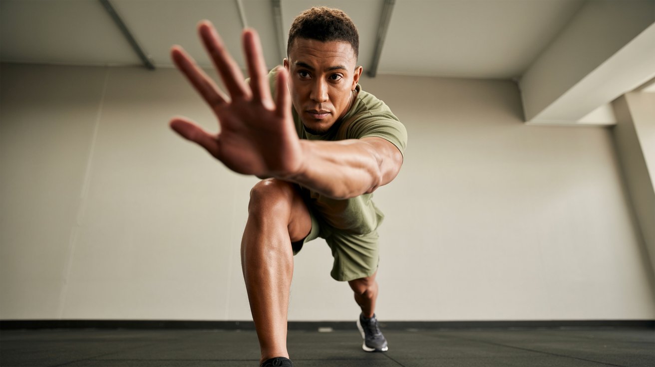 Man in athletic wear lunges forward with a determined expression, extending one arm toward the camera in a brightly lit gym, conveying focus and strength.