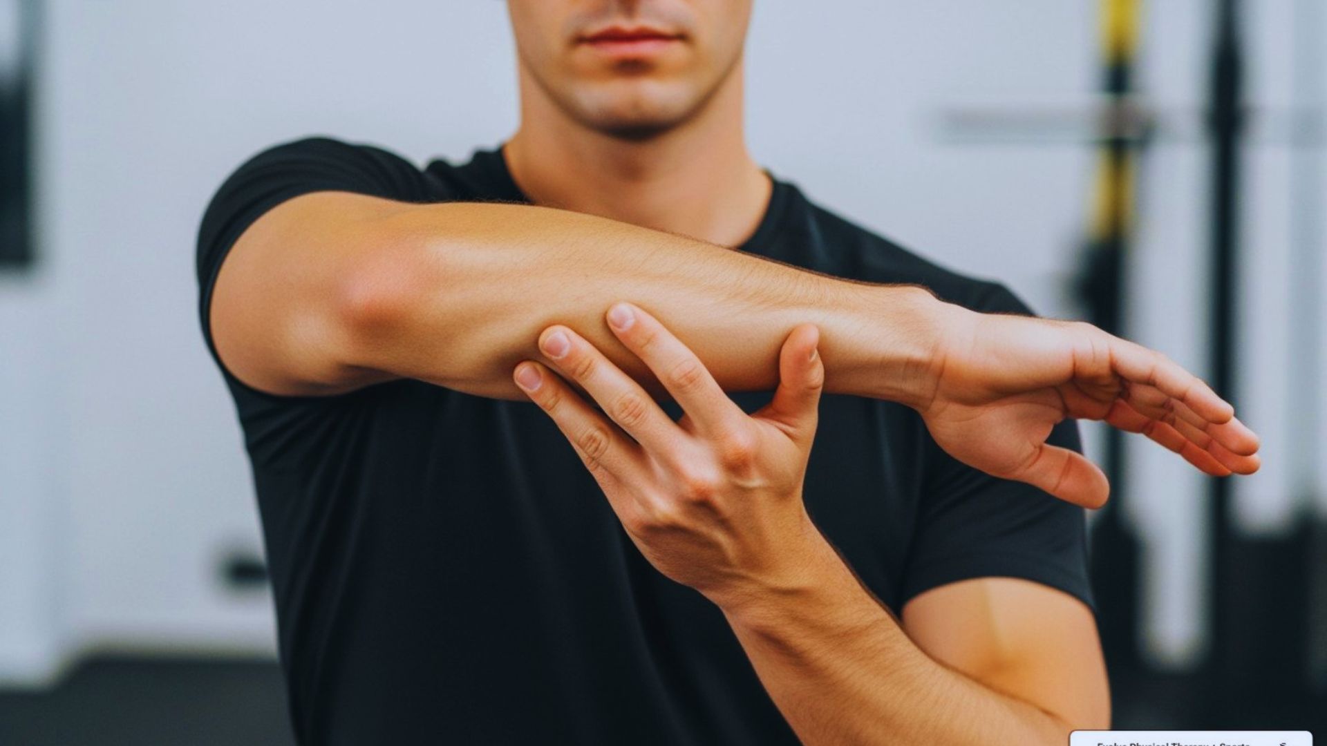 A man in a black T-shirt performs a tricep stretch in a gym setting, exuding focus and determination, with gym equipment blurred in the background.