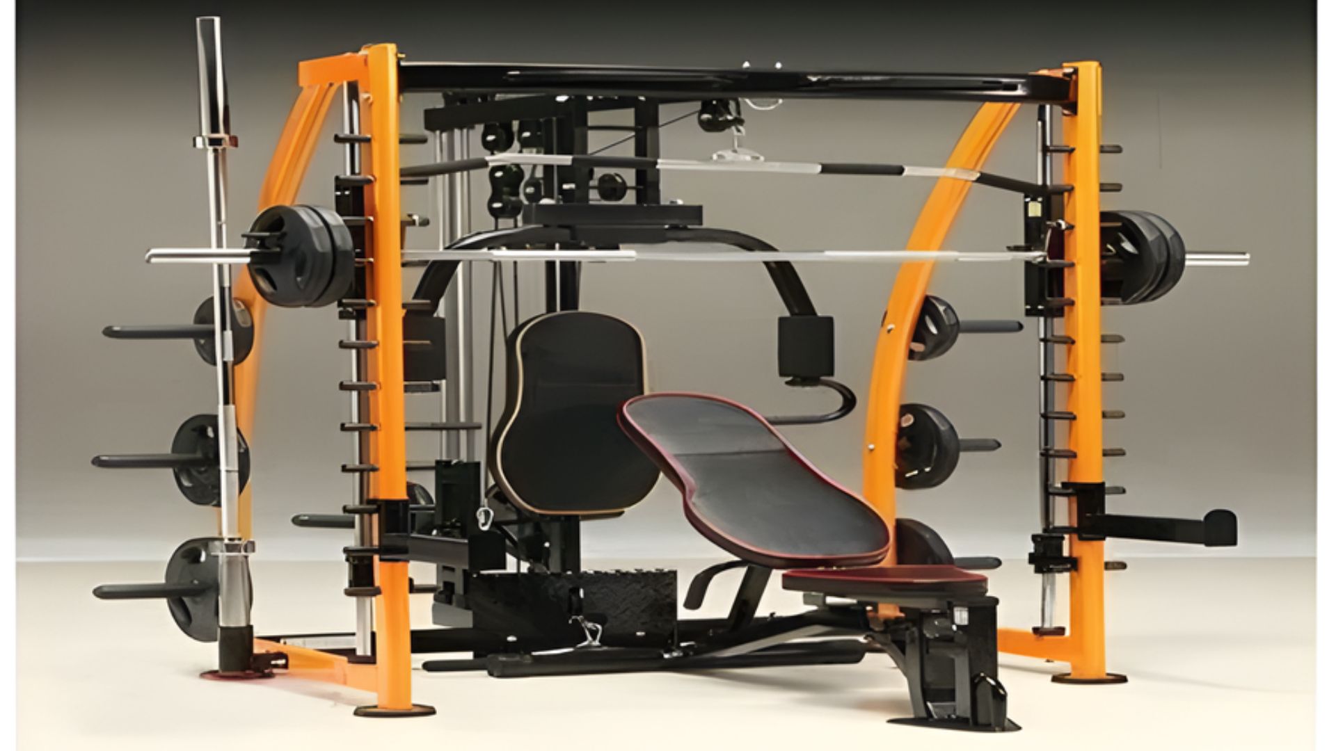 A multi-functional gym machine with yellow and black accents features weights, pulleys, and a padded bench, creating a versatile exercise station.