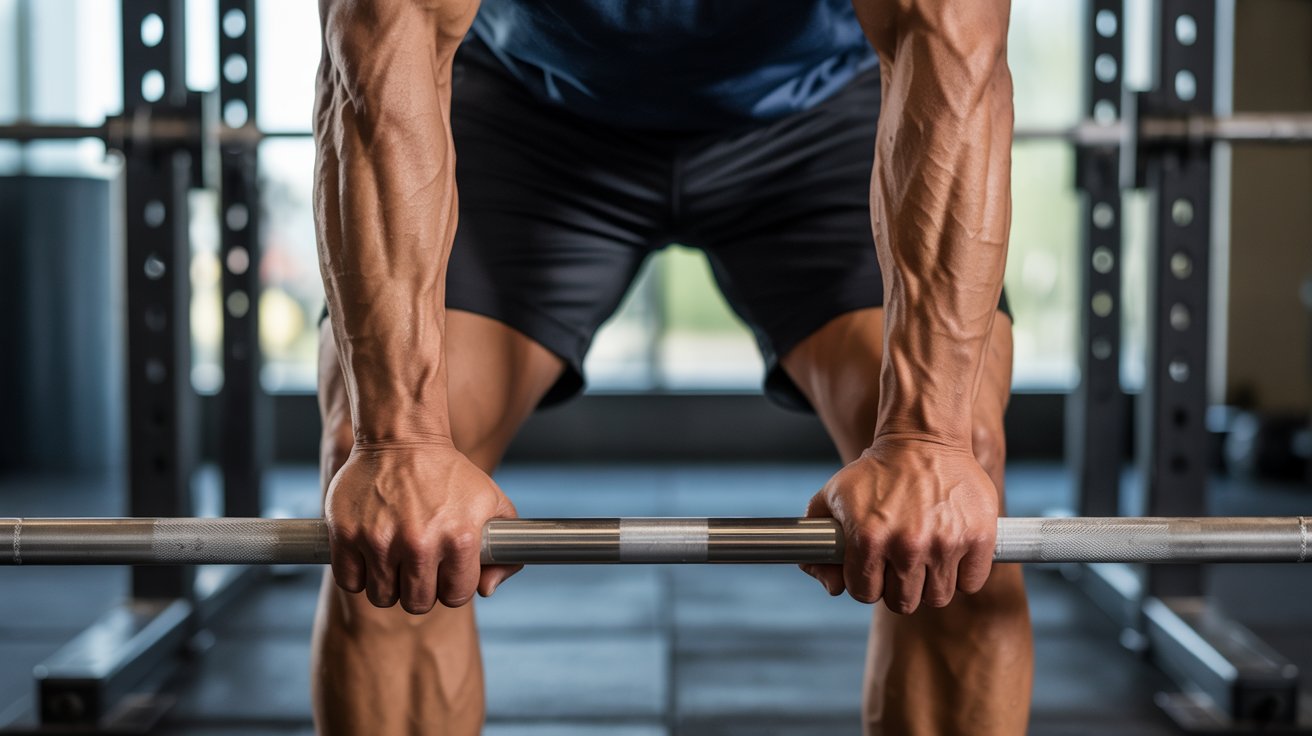 A muscular person grips a barbell in a gym, showcasing defined arm muscles and focused strength. The setting conveys intensity and dedication.