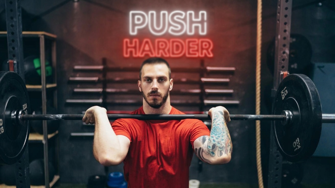 Man in a gym lifting a barbell, wearing a red shirt with a tattoo on his arm. Behind him, a neon sign reads "PUSH HARDER," conveying motivation.