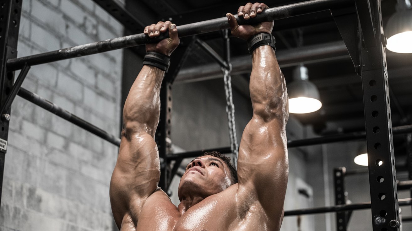 Muscular individual performing pull-ups in an industrial gym, showing intense focus and determination under bright overhead lights.