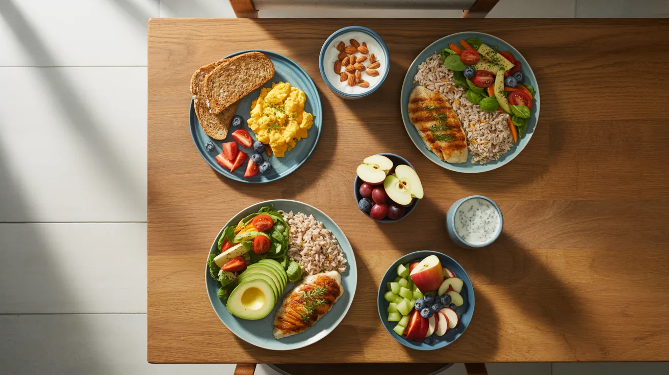A wooden table holds three plates of food with grilled chicken, rice, avocado, salad, scrambled eggs, toast, fruit, almonds, and a bowl of yogurt sauce. Sunlight streams in.