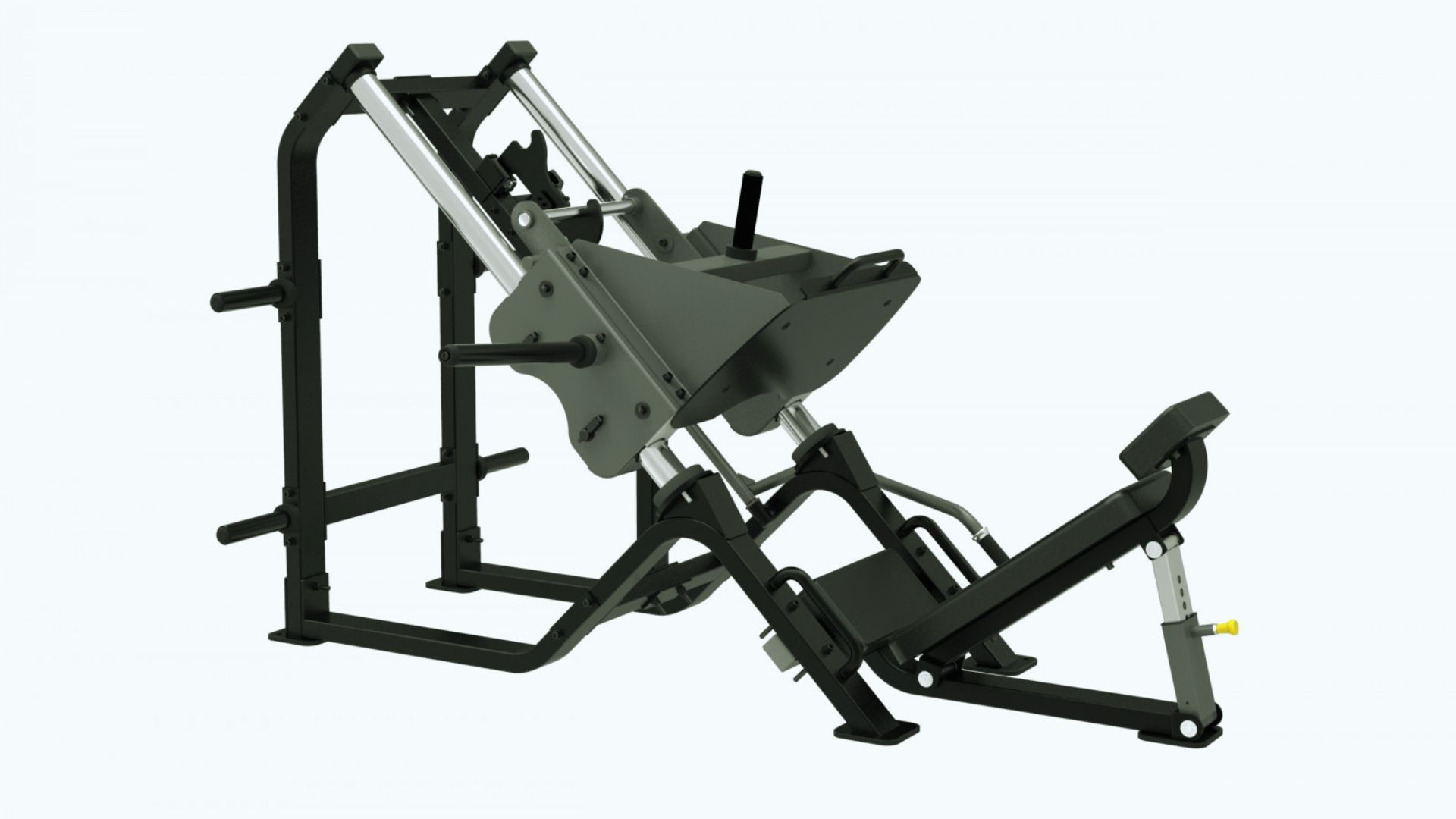 Leg press machine with angled seat and footplate, sturdy black metal frame. Designed for strength training, it conveys a robust, functional tone.
