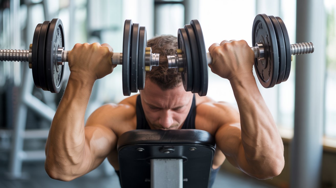 A man in a gym performs a bicep curl with dumbbells, seated on a bench. His expression shows focus and determination. Fitness and strength training theme.