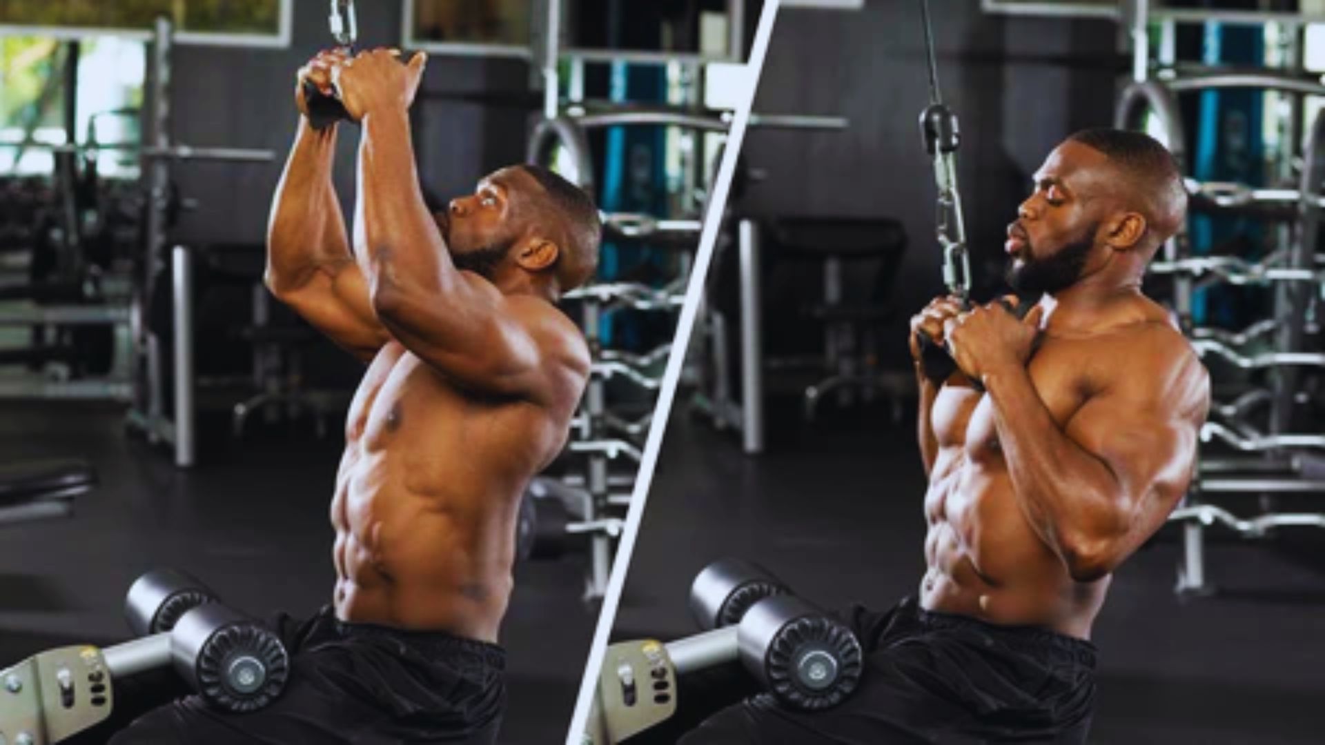 A muscular man performs a cable pulldown exercise in a gym, demonstrating strength and focus. The split image shows both starting and pulling positions.