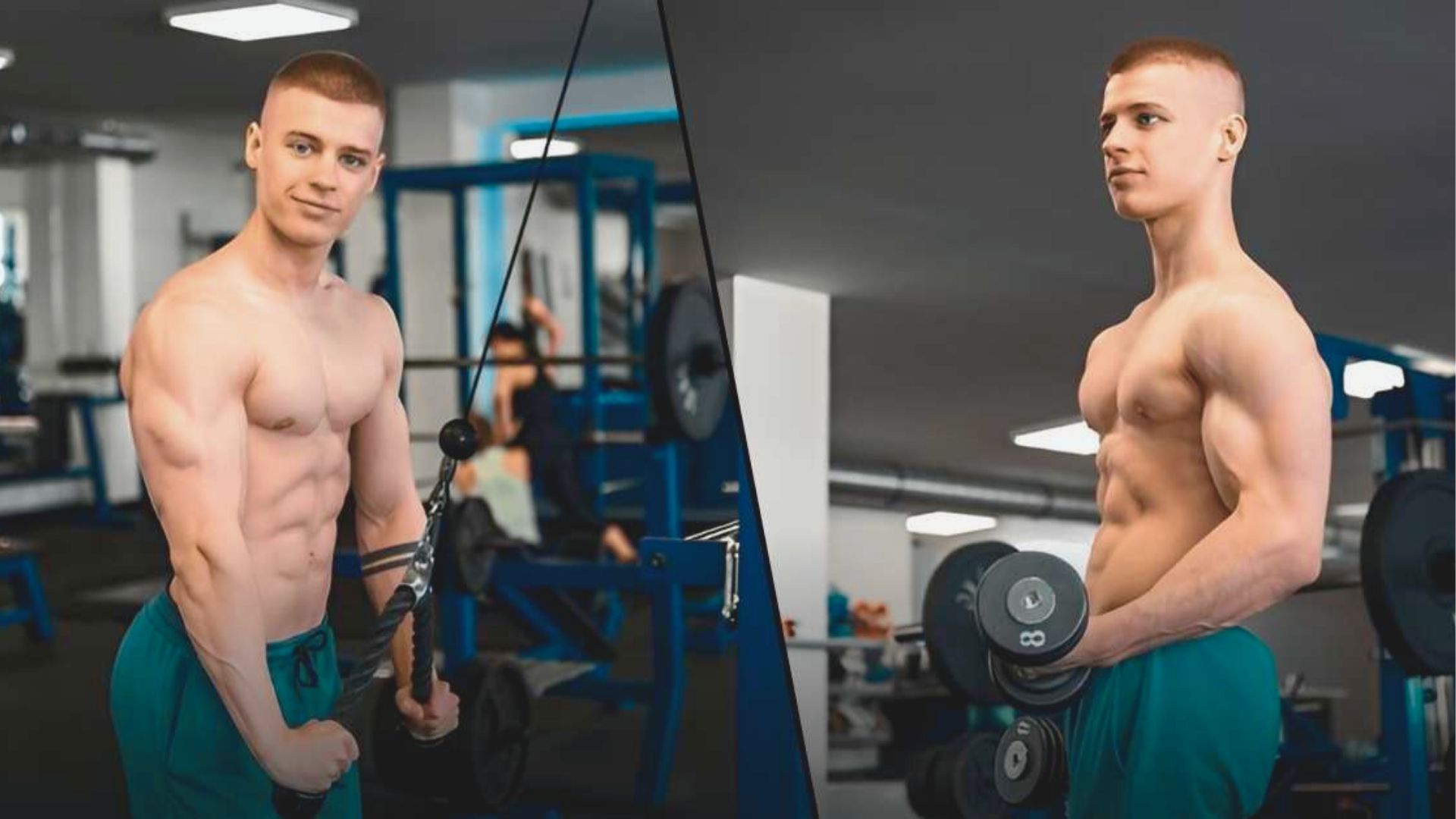 A muscular man is shown in a gym, confidently performing cable tricep extensions and lifting dumbbells. The setting is bright and modern, conveying focus and strength.
