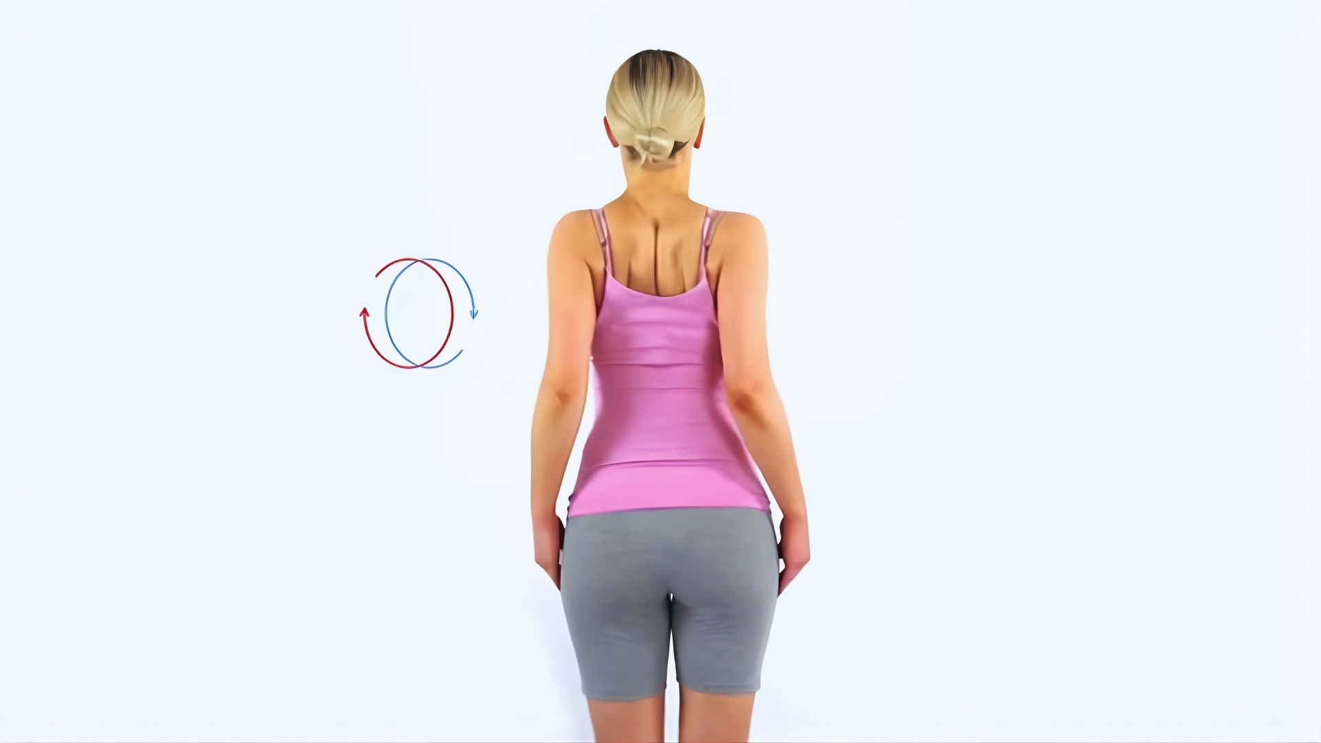 A woman stands with her back to the viewer, wearing a pink tank top and gray shorts, against a white background. Arrows indicate shoulder rotation.
