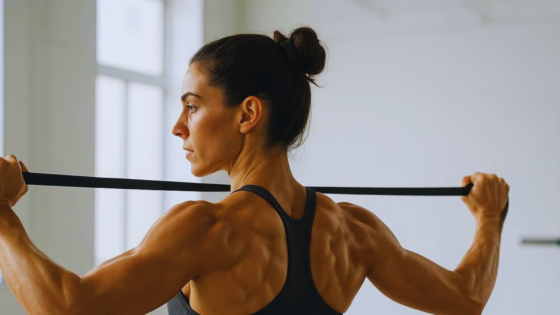A woman in a black sports top exercises with resistance bands in a bright, minimalistic gym. Her expression is focused and determined.