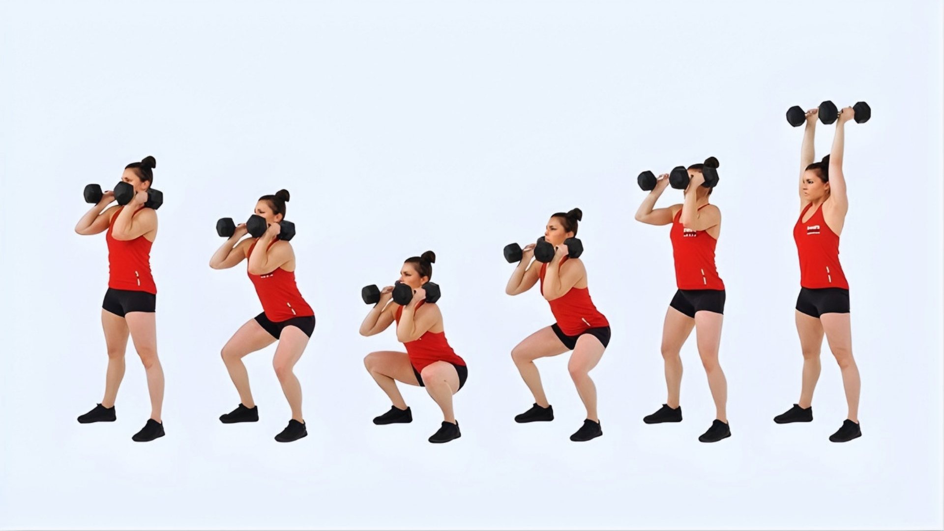 Woman in red tank top and black shorts demonstrates a dumbbell squat to press exercise in six steps, showing focus and strength.
