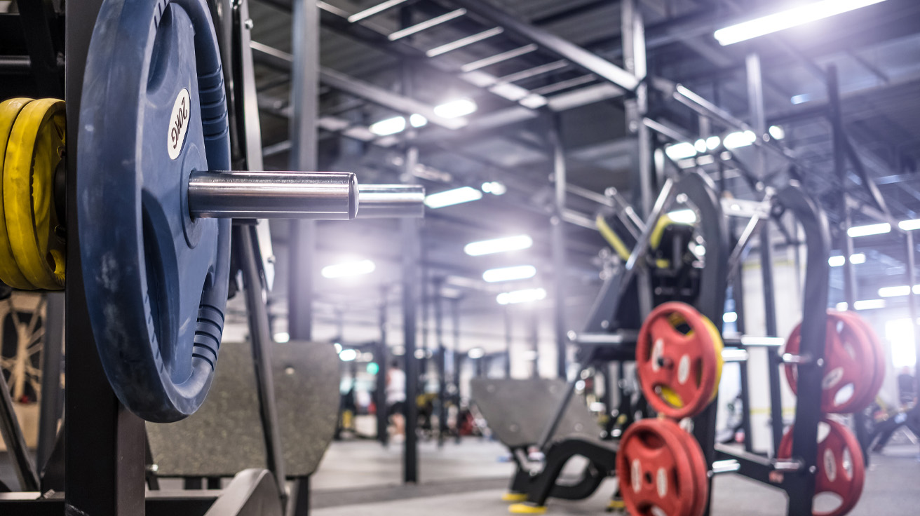 A gym interior with weightlifting equipment. A blue barbell plate is in focus on a rack, surrounded by red and yellow plates. Bright, spacious ambiance.