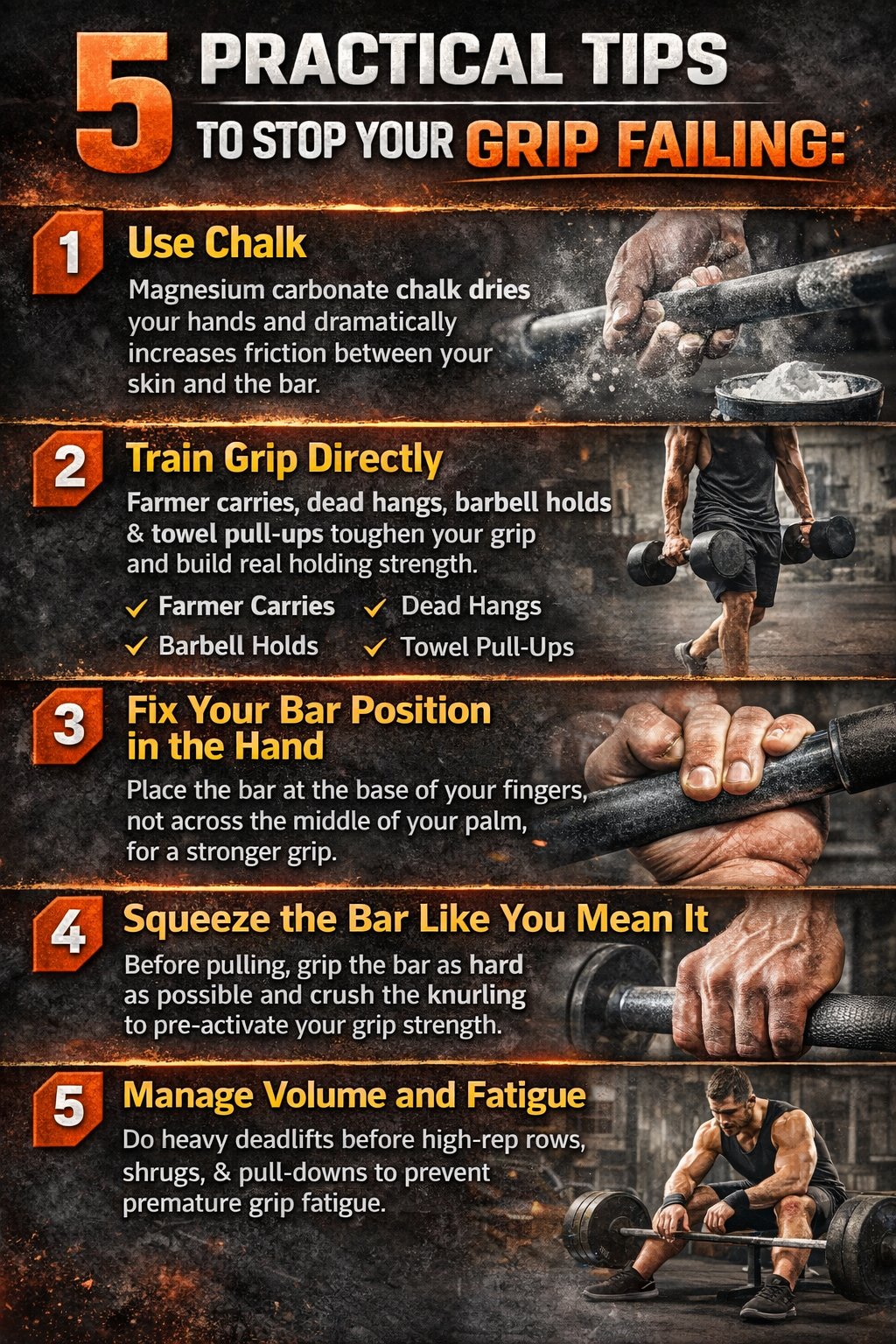 Five practical tips to improve grip strength and prevent grip failure in various activities and exercises.