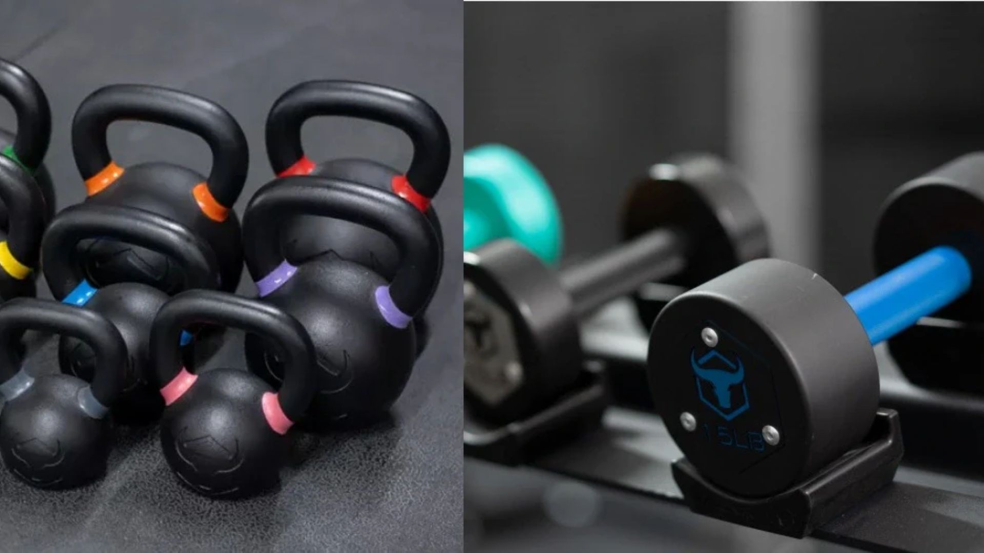Colorful kettlebells and a blue-handled dumbbell on a gym floor, ready for a workout session