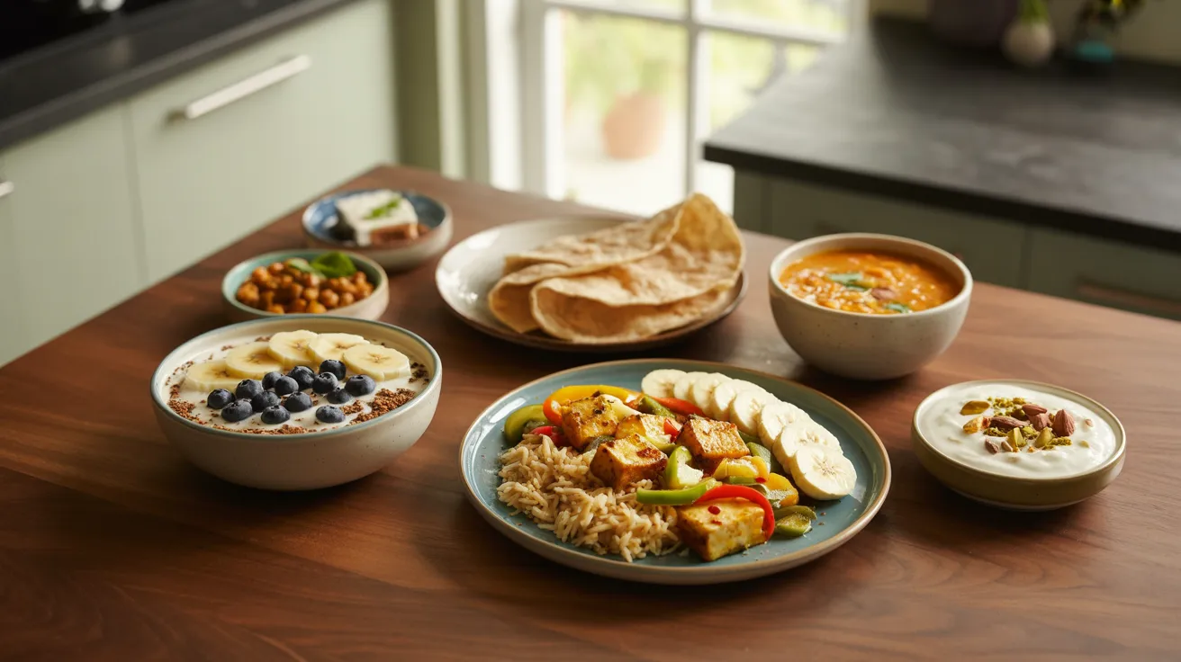 A spread of diverse dishes on a wooden table, including a fruit-topped yogurt bowl, rice with vegetables, flatbreads, chickpeas, lentil soup, and dessert. Bright and inviting.
