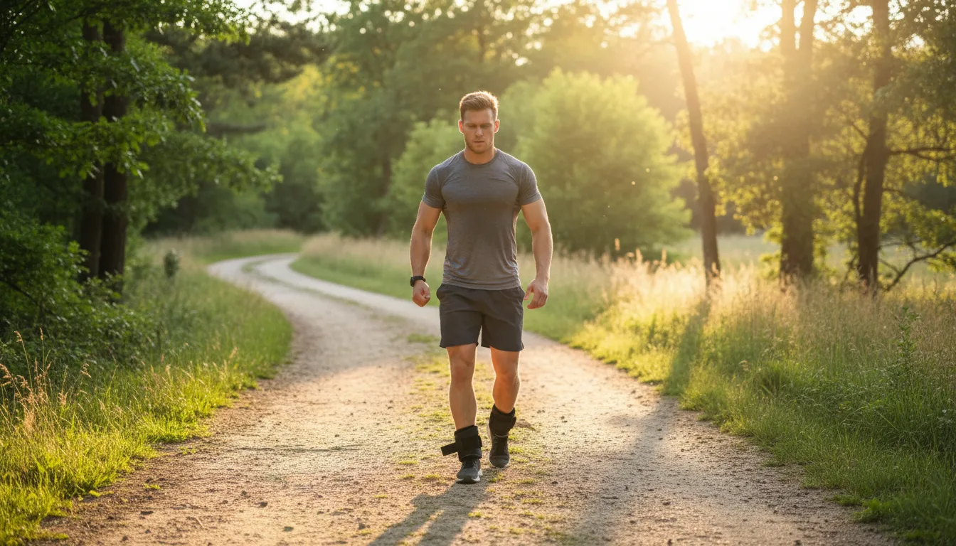 A man in athletic wear walks on a sunlit, winding dirt path through lush greenery. The warm, golden sunset creates a serene and peaceful atmosphere.