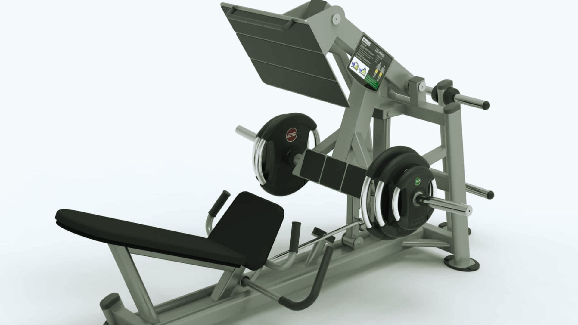 Leg press machine with a padded seat and foot platform, loaded with black and silver weight plates. The sleek design conveys a modern gym setting.