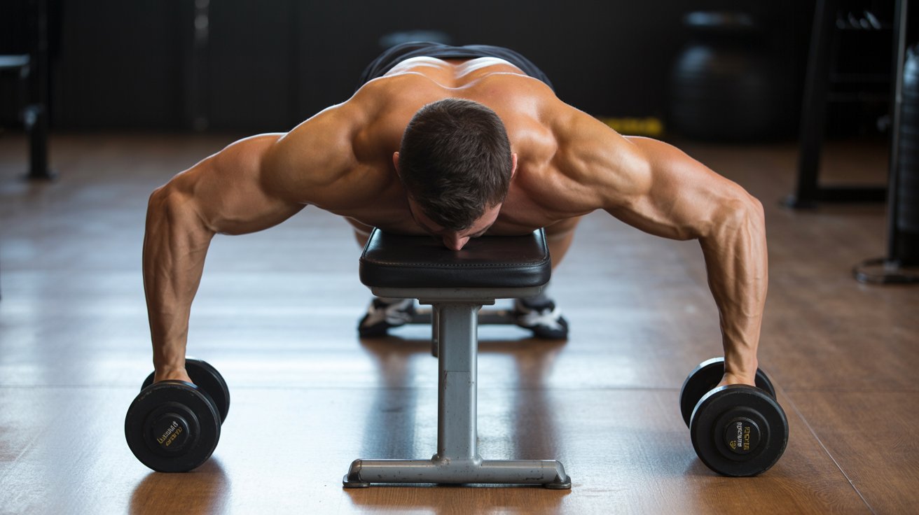 A muscular man performs a wide dumbbell row on a bench in a gym. His focused expression and defined muscles convey strength and determination.